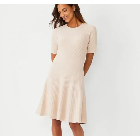 NNEW Ann Taylor Tan Ribbed Basic Academia Short Sleeve Dress Size Medium Petite - Picture 1 of 8